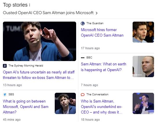 News reports about Sam Altman and his firing at Open AI as at 21 November 2023