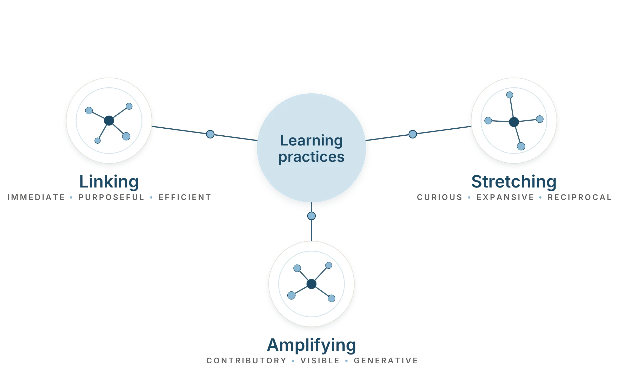 A conceptual diagram illustrating three interconnected dimensions of "Learning practices": Linking, Stretching, and Amplifying, each represented by a network node icon and three descriptive keywords.