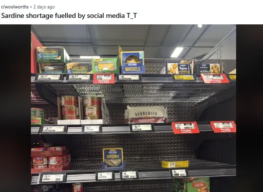 Screen capture of Reddit post asking about shortage of sardines on Woolworths shelves